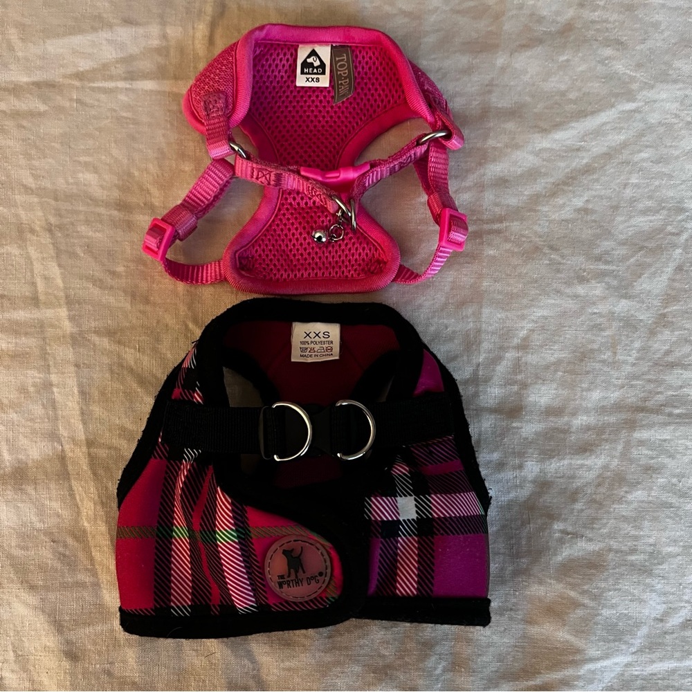 Bundle of 2 Pink and Pink and Black Plaid XXS Dog Harness Set